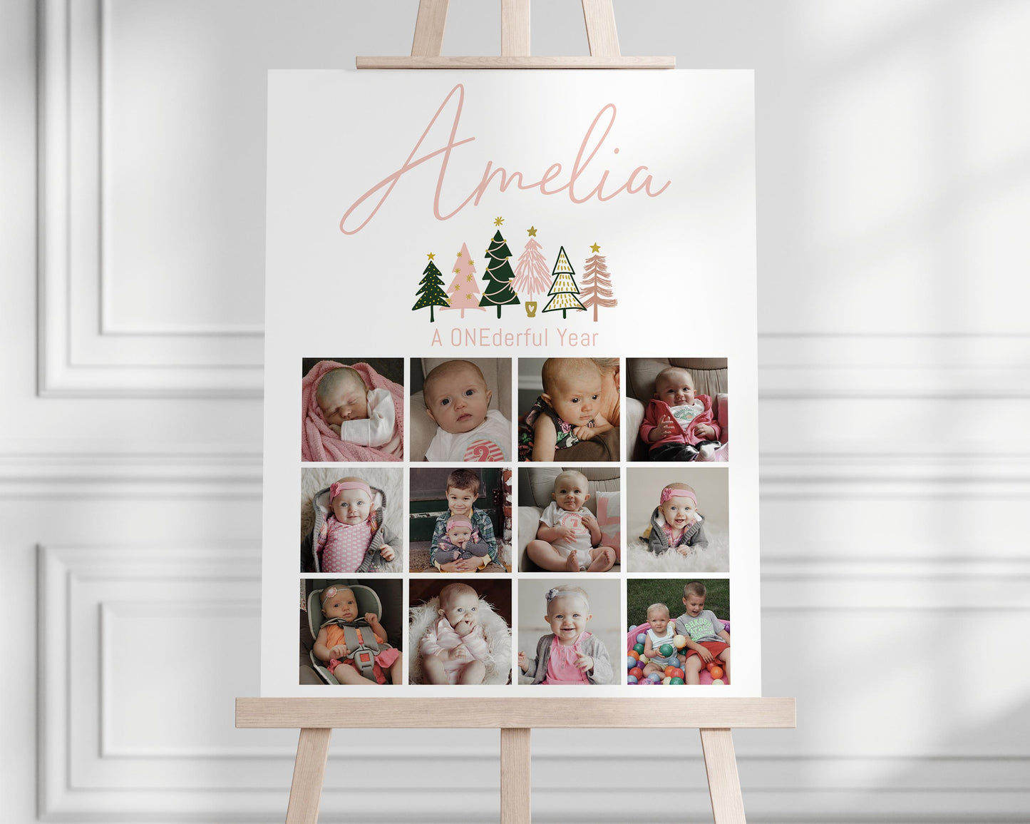 Girl Winter ONEderland BUNDLE - December 1st Birthday Party Decor Package, Invite, Signs, Time Capsule, Editable Pink Green Peach Gold Trees