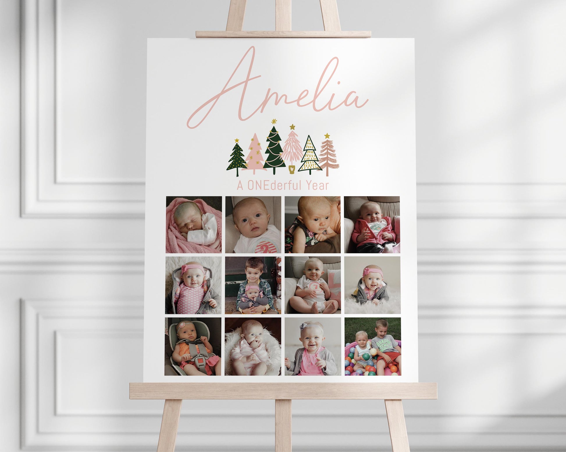 Girl Winter ONEderland BUNDLE - December 1st Birthday Party Decor Package, Invite, Signs, Time Capsule, Editable Pink Green Peach Gold Trees