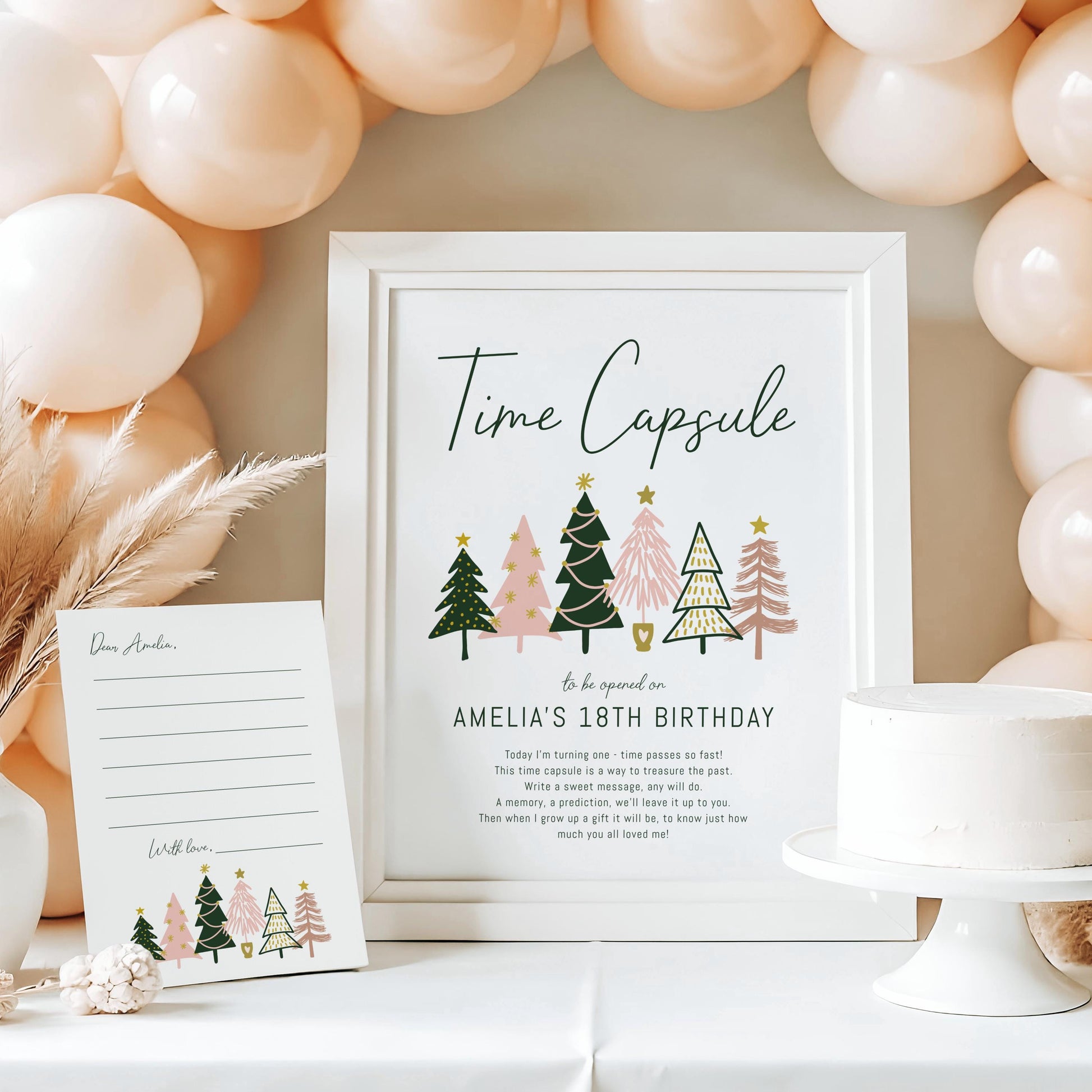 Girl Winter ONEderland BUNDLE - December 1st Birthday Party Decor Package, Invite, Signs, Time Capsule, Editable Pink Green Peach Gold Trees