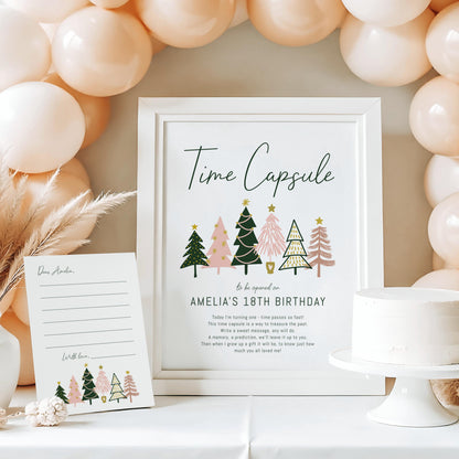 Girl Winter ONEderland BUNDLE - December 1st Birthday Party Decor Package, Invite, Signs, Time Capsule, Editable Pink Green Peach Gold Trees