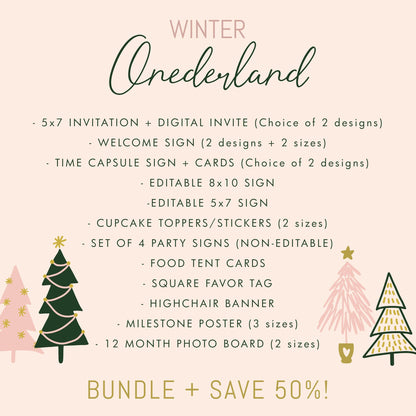 Girl Winter ONEderland BUNDLE - December 1st Birthday Party Decor Package, Invite, Signs, Time Capsule, Editable Pink Green Peach Gold Trees