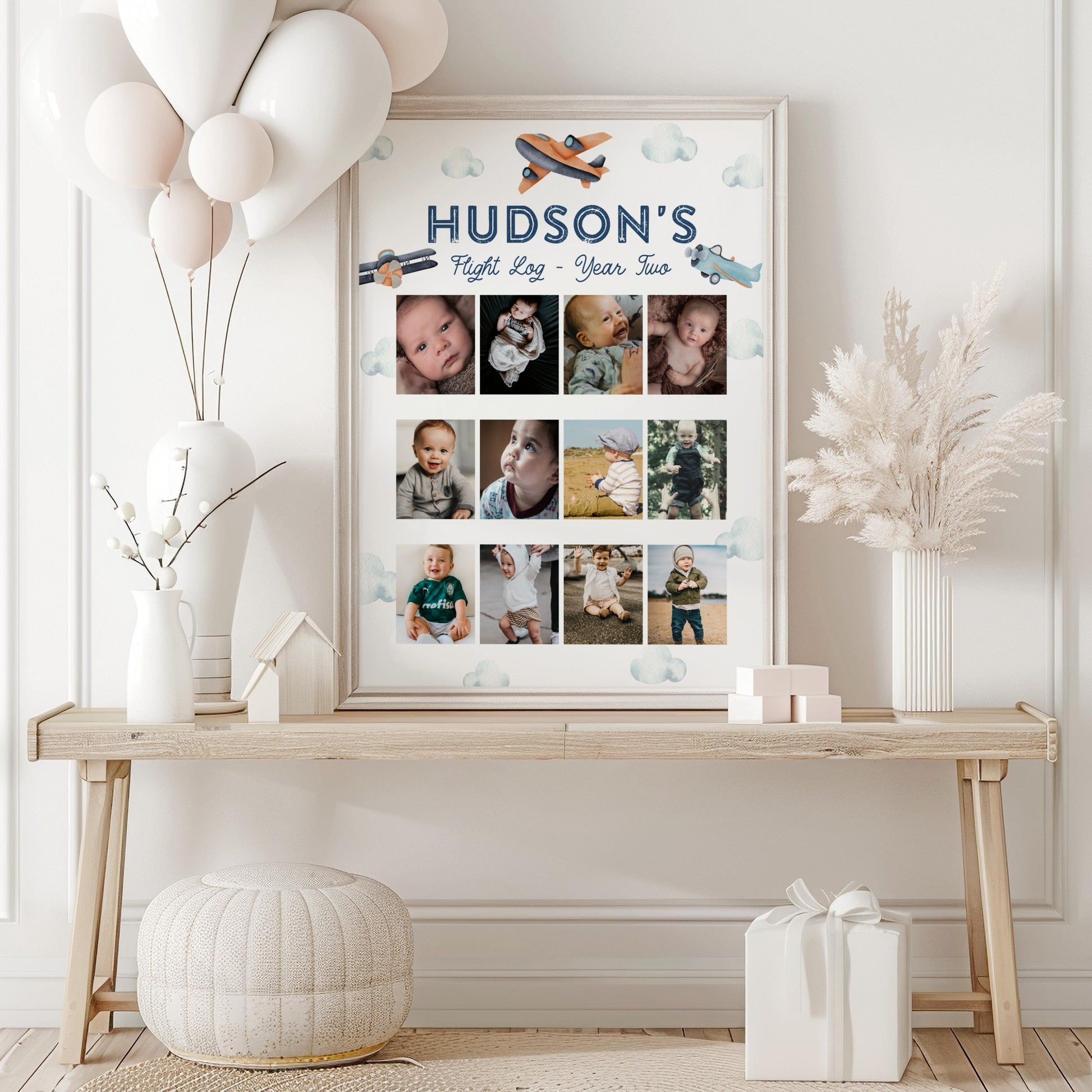 Airplane Photo Board, 12 Month Picture Display, 1st Year Flight Log, Vintage Plane Birthday Party, Two Fly Picture Collage, Time Flies