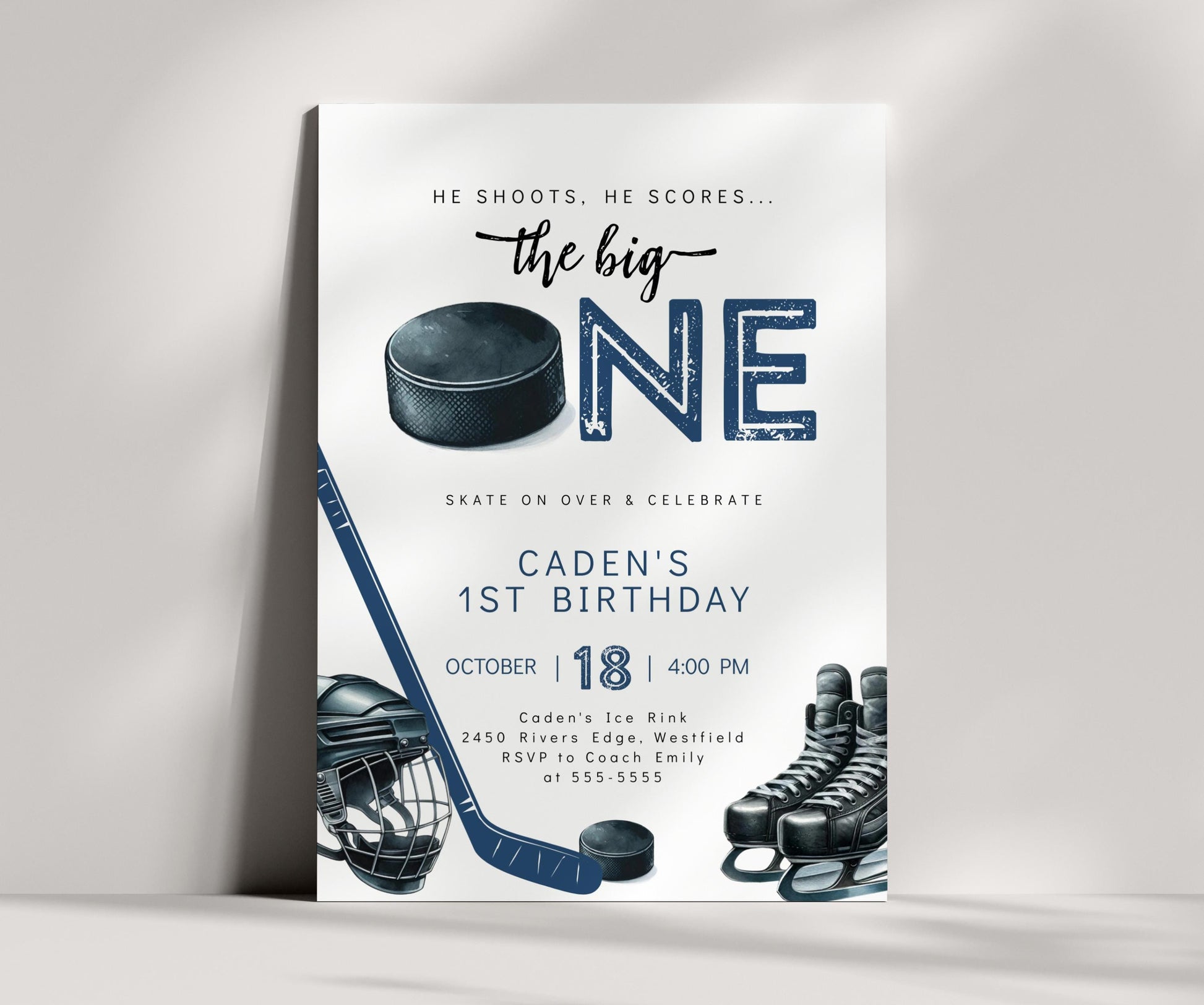 Hockey First Birthday Invitation, Editable He Shoots He Scores Big One Party Template