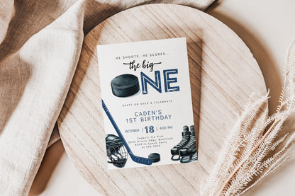 Hockey First Birthday Invitation, Editable He Shoots He Scores Big One Party Template
