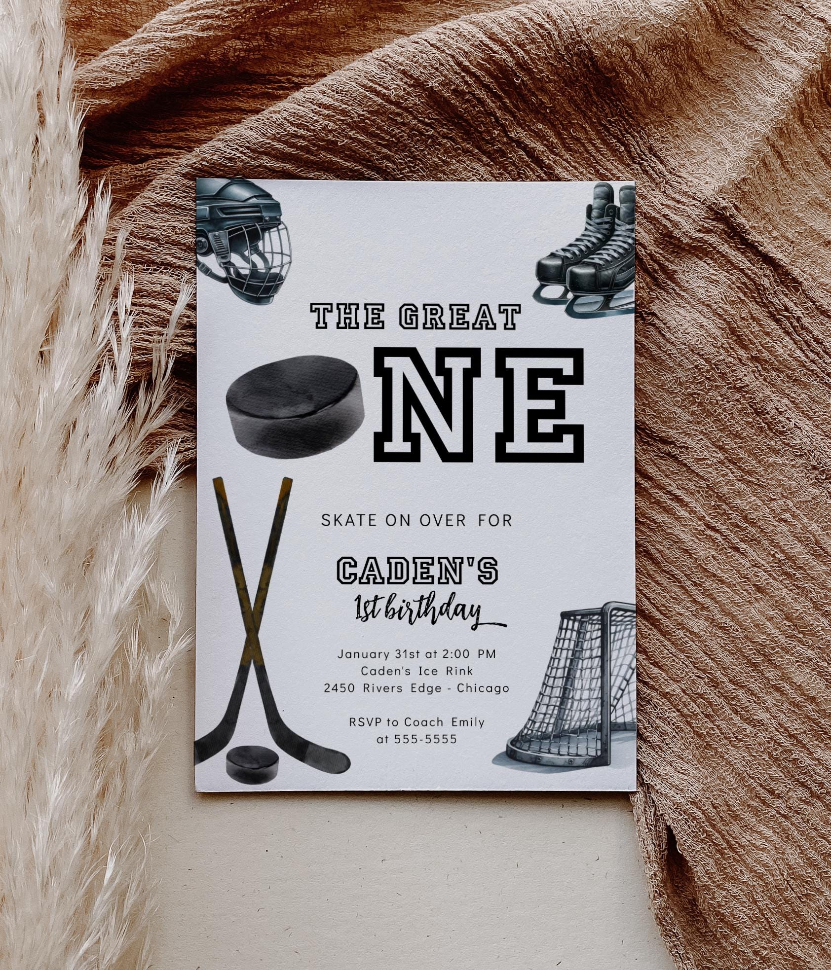 Hockey The Great One Birthday Invitation with Photo | Boys 1st Birthday Hockey Party Invite | Editable Invite Template