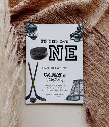Hockey The Great One Birthday Invitation with Photo | Boys 1st Birthday Hockey Party Invite | Editable Invite Template
