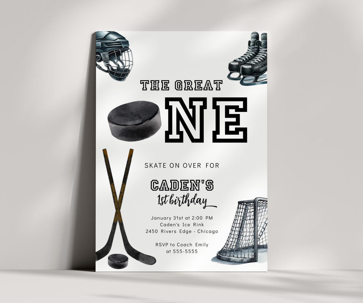 Hockey The Great One Birthday Invitation with Photo | Boys 1st Birthday Hockey Party Invite | Editable Invite Template