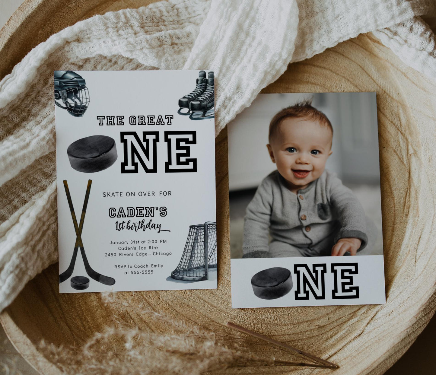 Hockey The Great One Birthday Invitation with Photo | Boys 1st Birthday Hockey Party Invite | Editable Invite Template