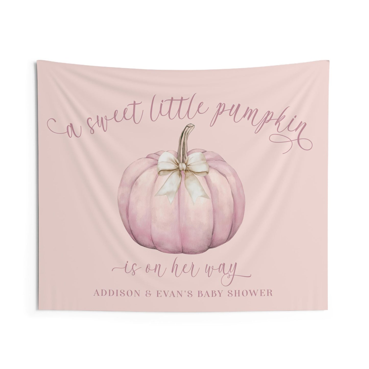 Dusty Rose Blush Pink Pumpkin Fabric Backdrop with Beige Bow: A Sweet Little Pumpkin Is On Her Way Baby Shower Decor - FREE US SHIPPING
