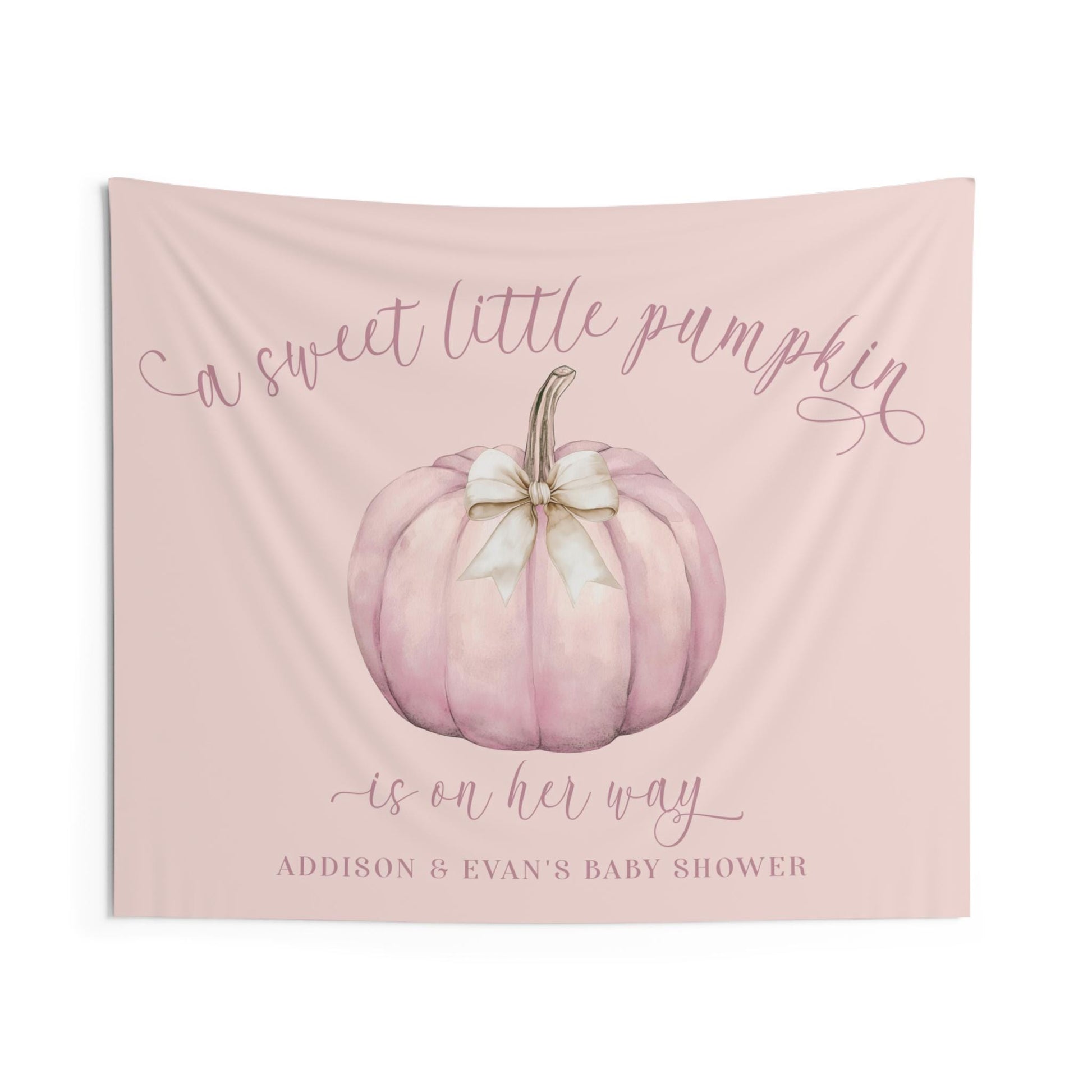 Dusty Rose Blush Pink Pumpkin Fabric Backdrop with Beige Bow: A Sweet Little Pumpkin Is On Her Way Baby Shower Decor - FREE US SHIPPING