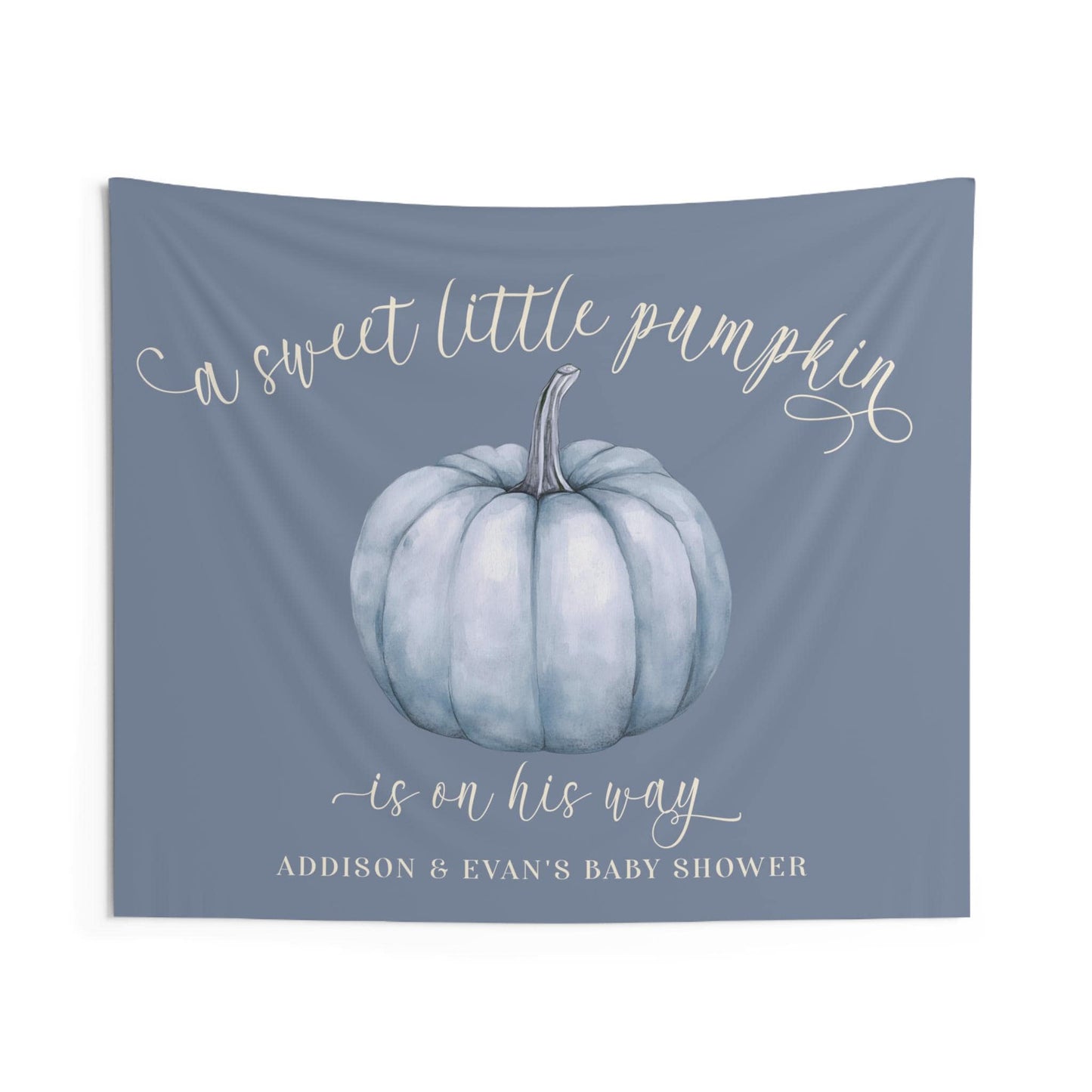 Dusty Blue Pumpkin Fabric Backdrop - A Sweet Little Pumpkin Is On His Way Personalized Baby Shower Decor