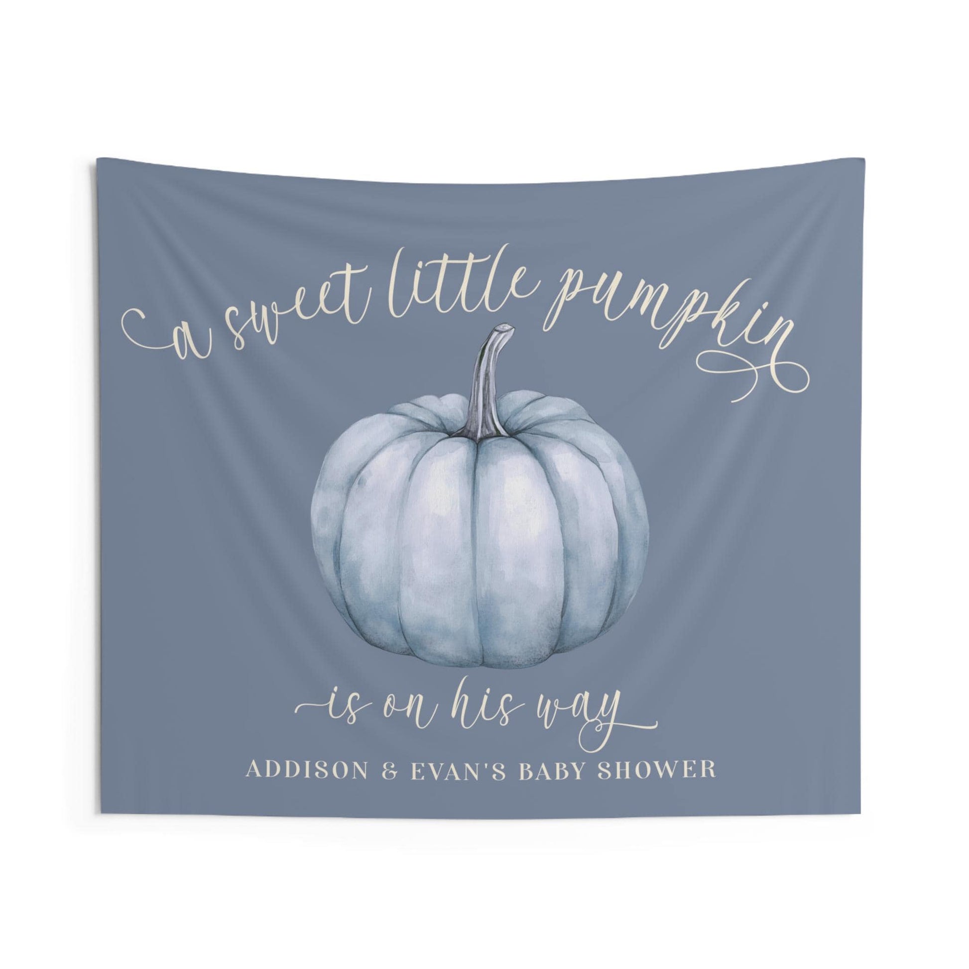 Dusty Blue Pumpkin Fabric Backdrop - A Sweet Little Pumpkin Is On His Way Personalized Baby Shower Decor