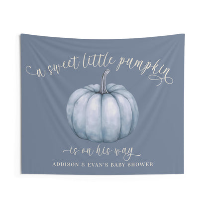 Dusty Blue Pumpkin Fabric Backdrop - A Sweet Little Pumpkin Is On His Way Personalized Baby Shower Decor