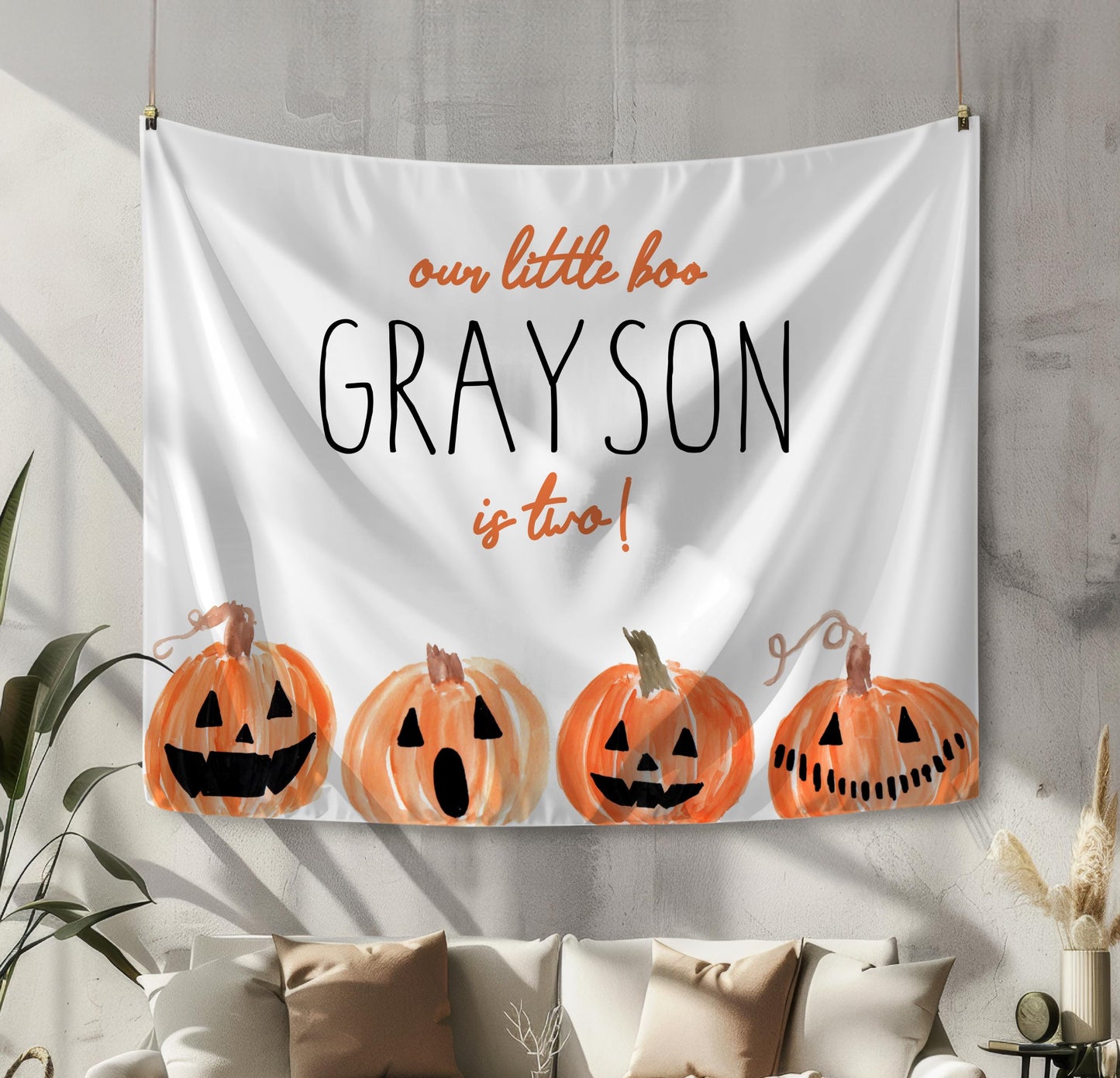 Our Little Boo Is Two Backdrop - Minimalist Halloween 2nd Birthday Banner Decor Jack O Lanterns