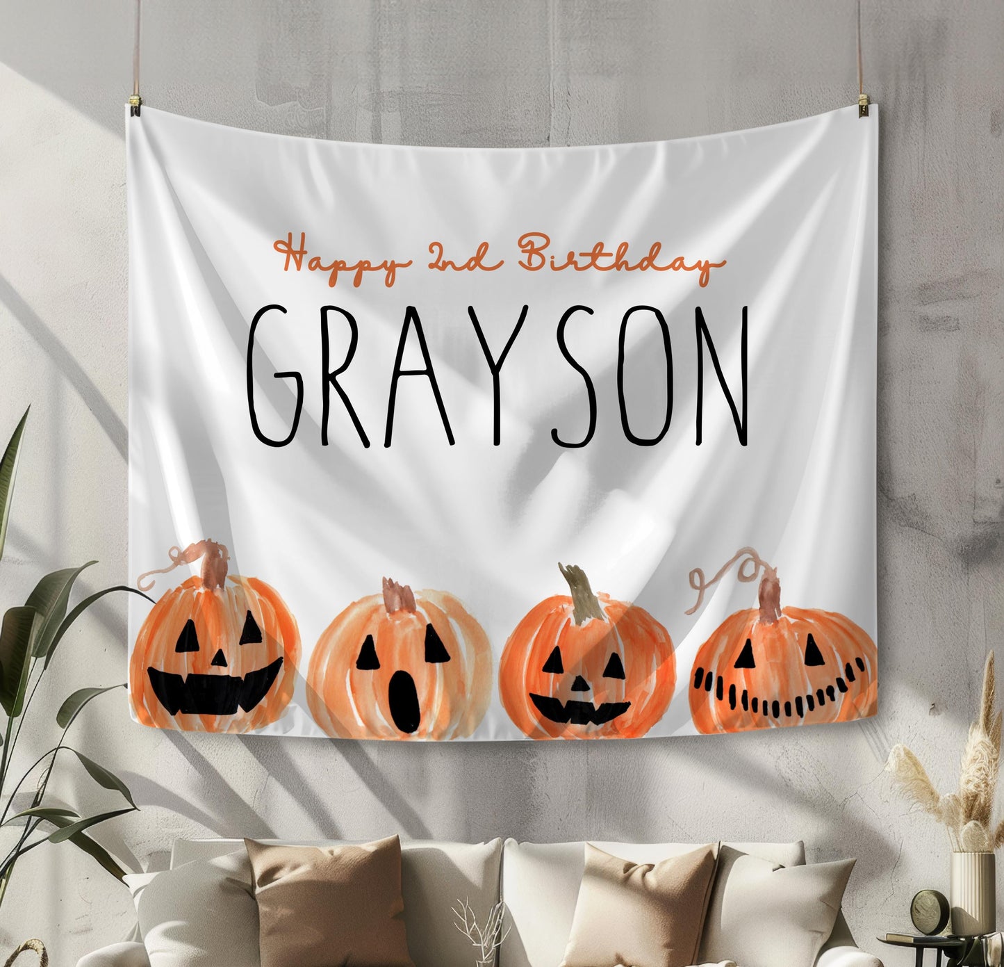 Custom Halloween Party Fabric Backdrop - Welcome Sign Banner with Jack O Lanterns - Any Wording - FREE US SHIPPING