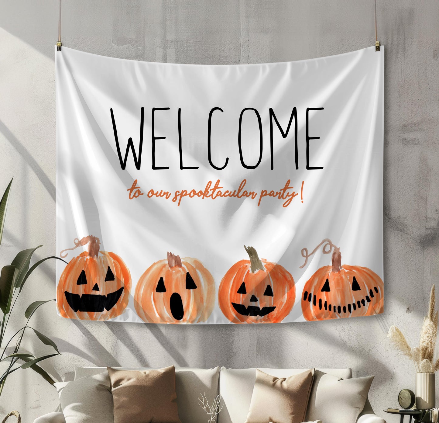 Custom Halloween Party Fabric Backdrop - Welcome Sign Banner with Jack O Lanterns - Any Wording - FREE US SHIPPING