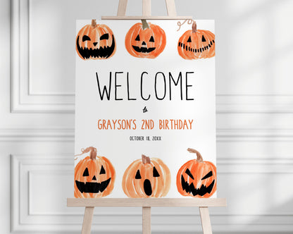 Custom Halloween Party Fabric Backdrop - Welcome Sign Banner with Jack O Lanterns - Any Wording - FREE US SHIPPING