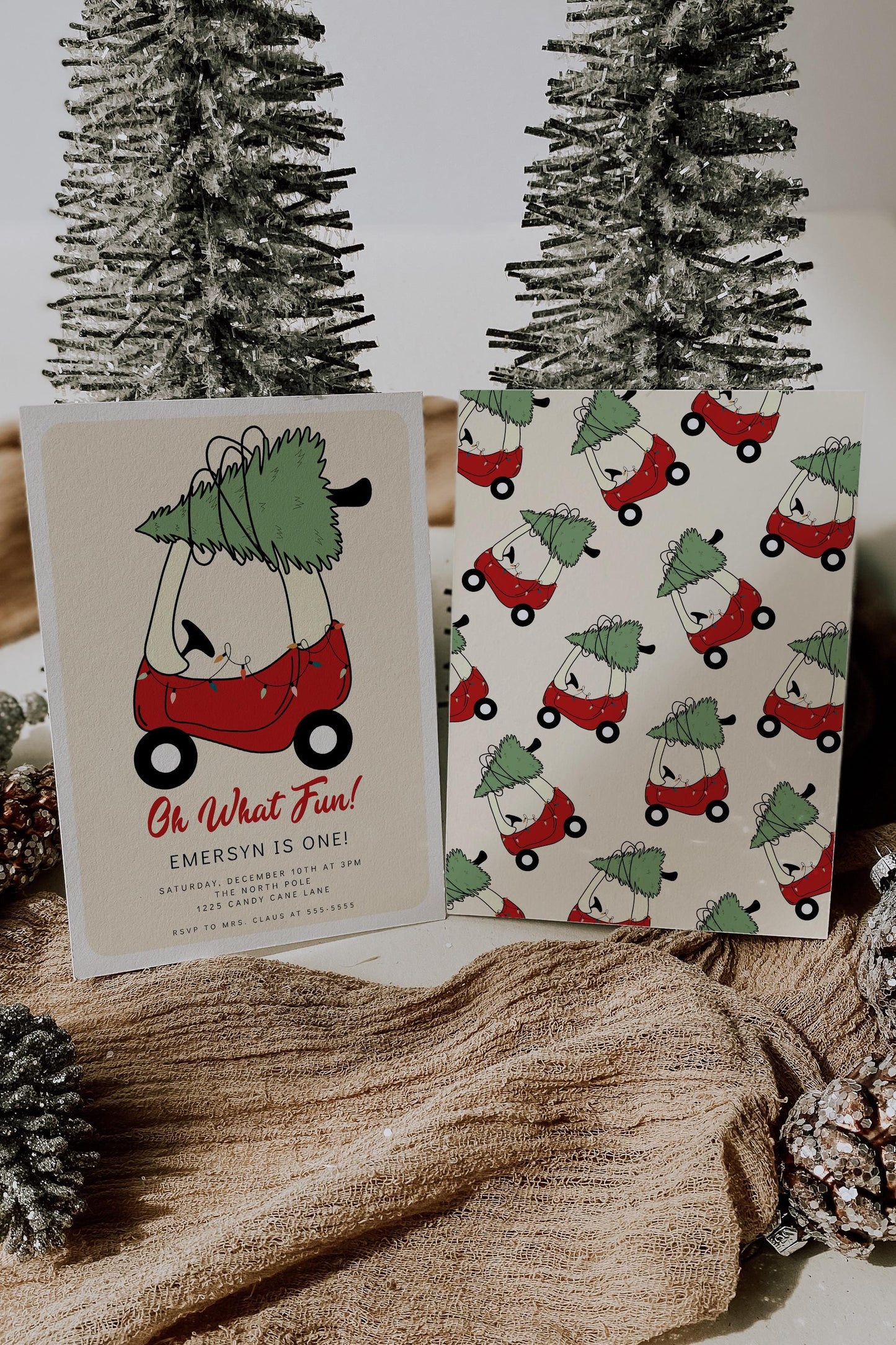 Christmas Toy Car Backdrop - Oh What Fun 1st Birthday Party Decoration - Christmas Tree Banner