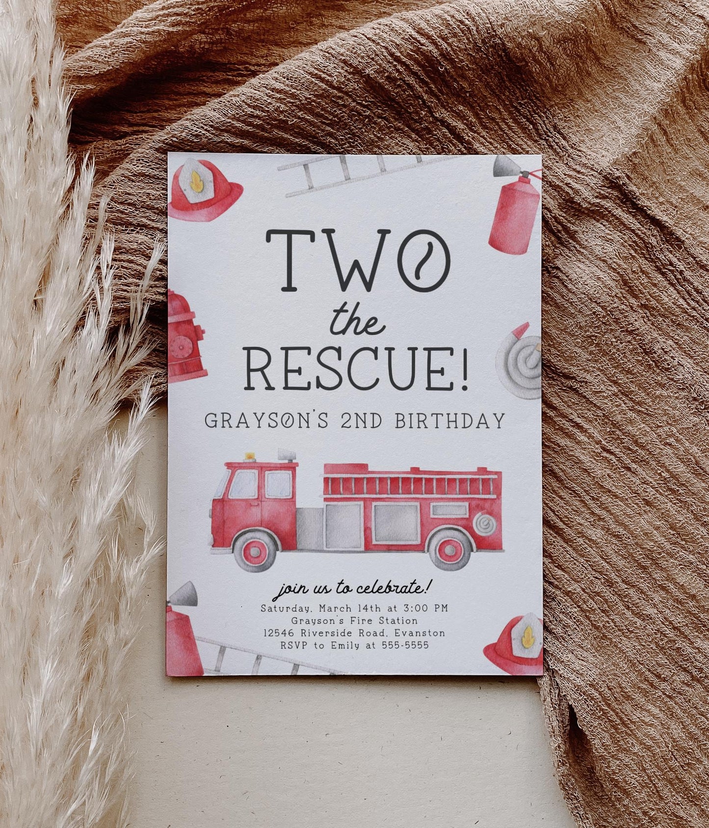 Two the Rescue 2nd Birthday Party Invite | Firetruck Birthday Invitation | Printable Fireman Fire Engine Editable Template