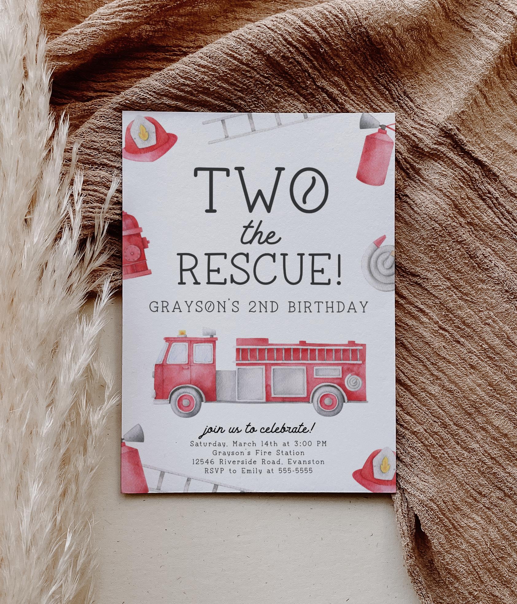 Two the Rescue 2nd Birthday Party Invite | Firetruck Birthday Invitation | Printable Fireman Fire Engine Editable Template