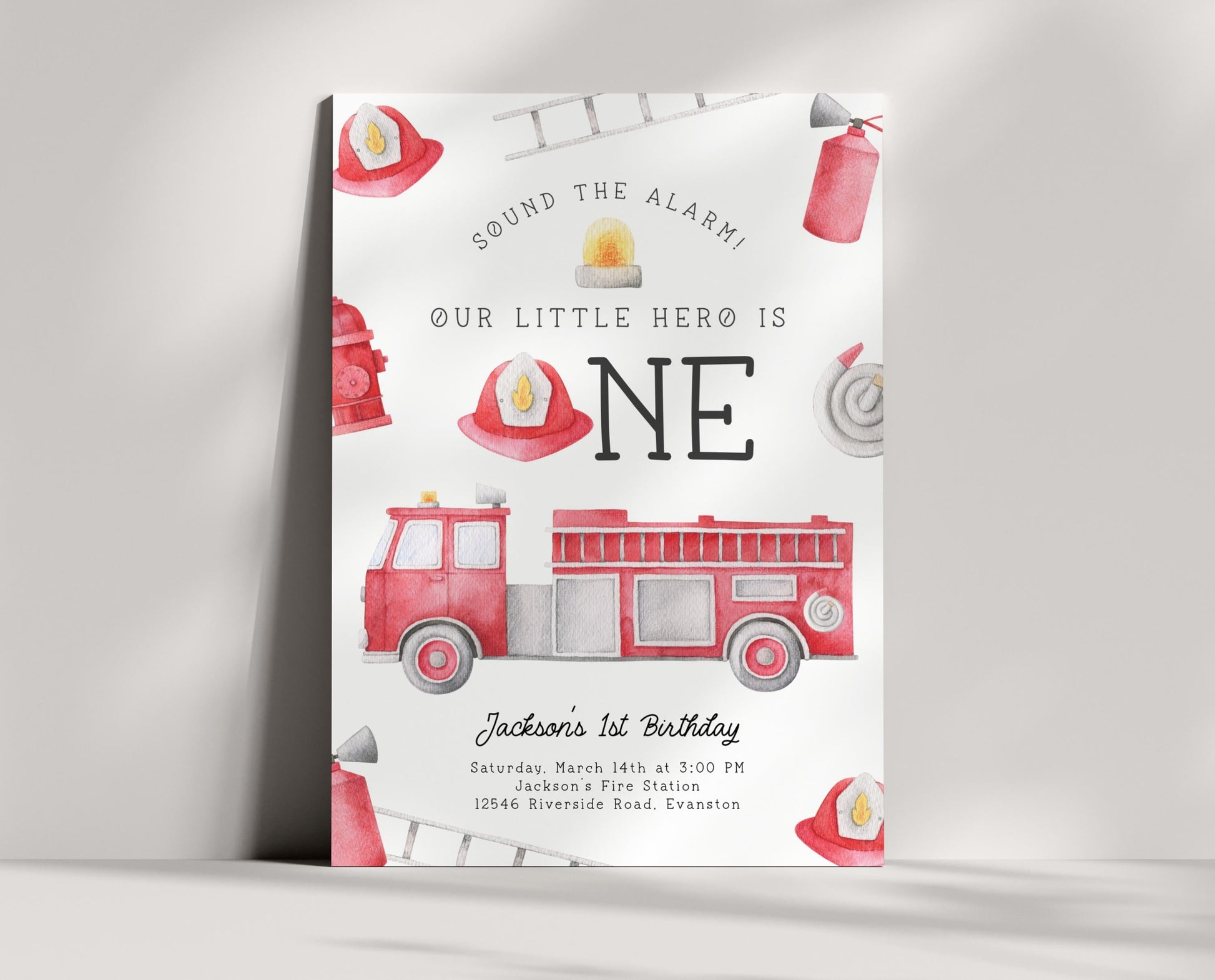 Firetruck Birthday Invitation | 1st Birthday Party Invite | Printable Fireman First Birthday Fire Engine Party