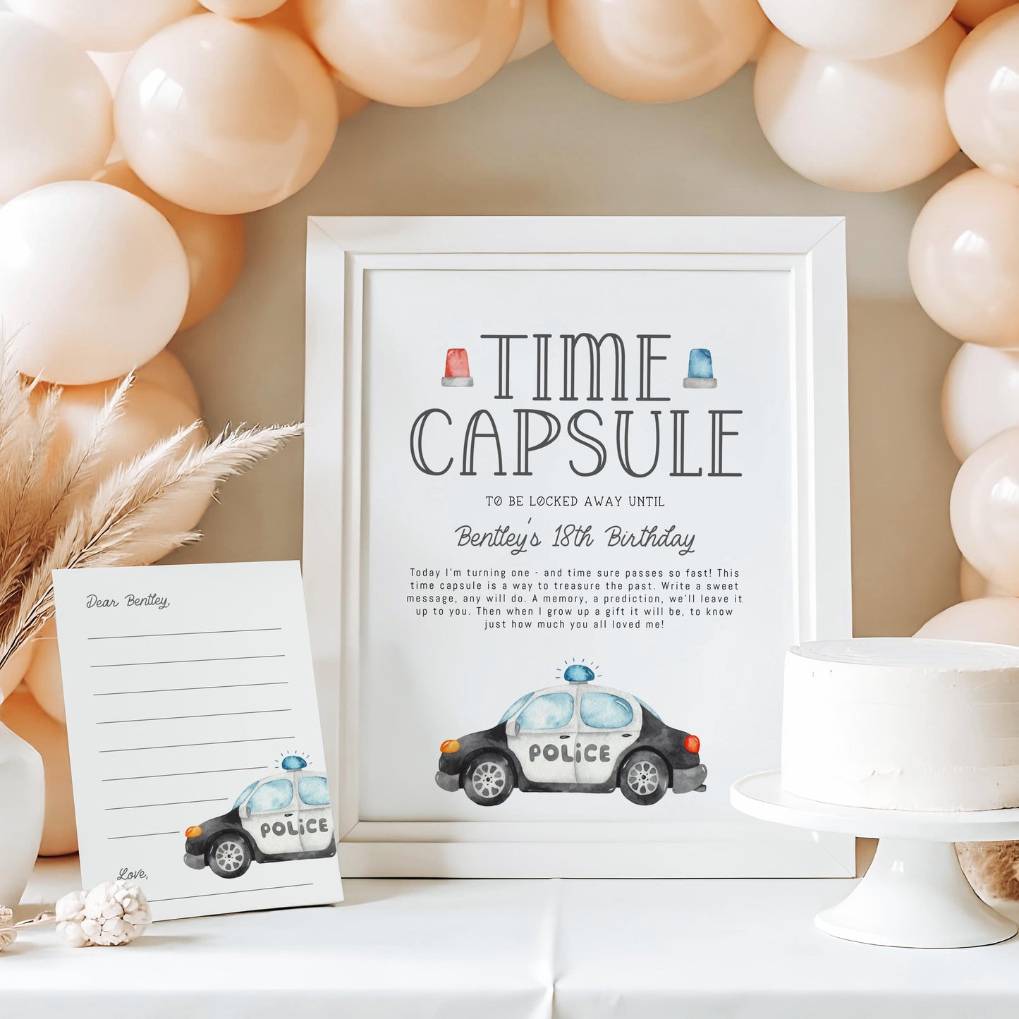 Police Car Time Capsule - Police Birthday Party, Cop First Birthday Party Message, Instant Download, EDITABLE TEMPLATE