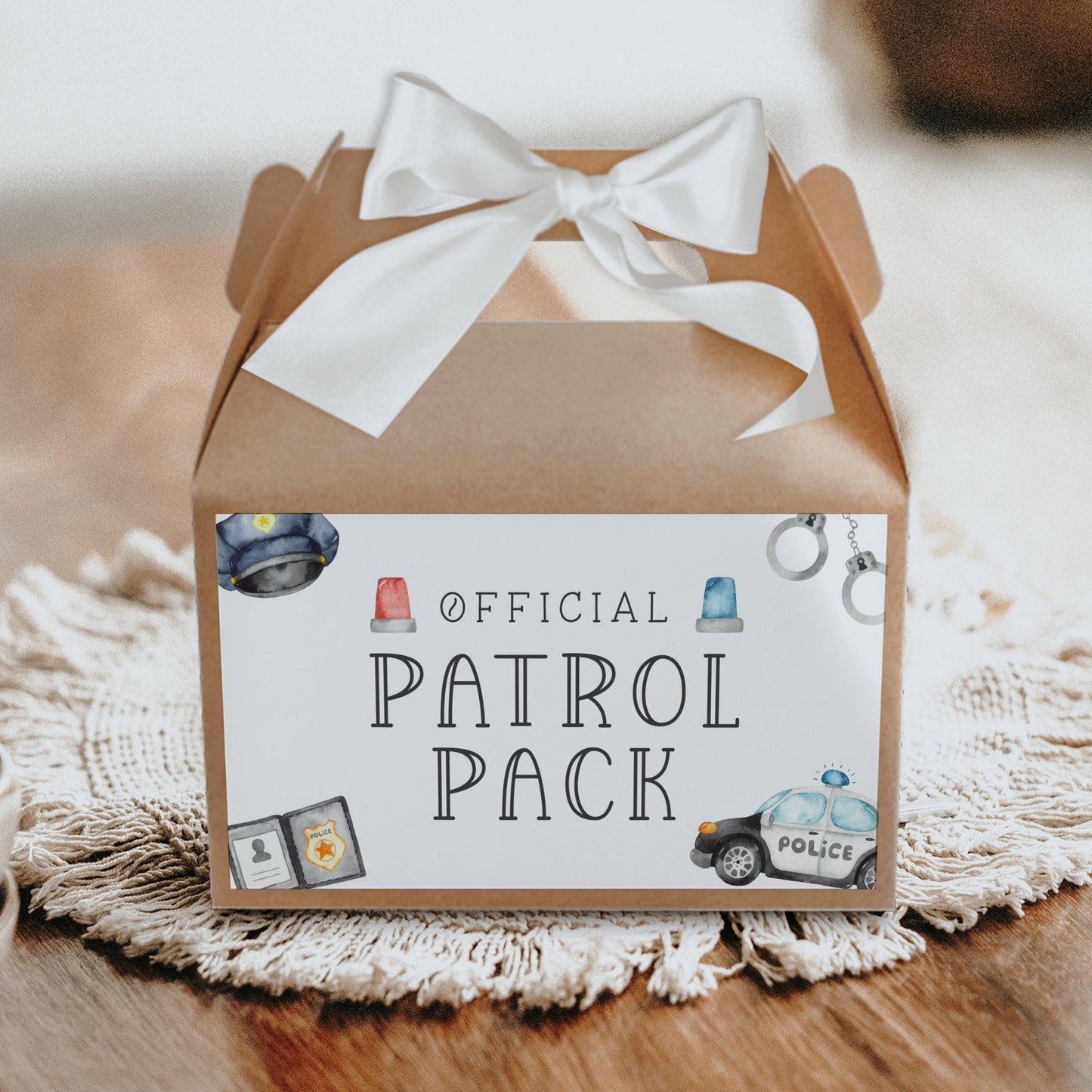 Police Goodie Bag Tag - Police Car Party Favor Label, Police Officer Birthday Patrol Pack Sticker for Gable Box - 3 Editable Templates