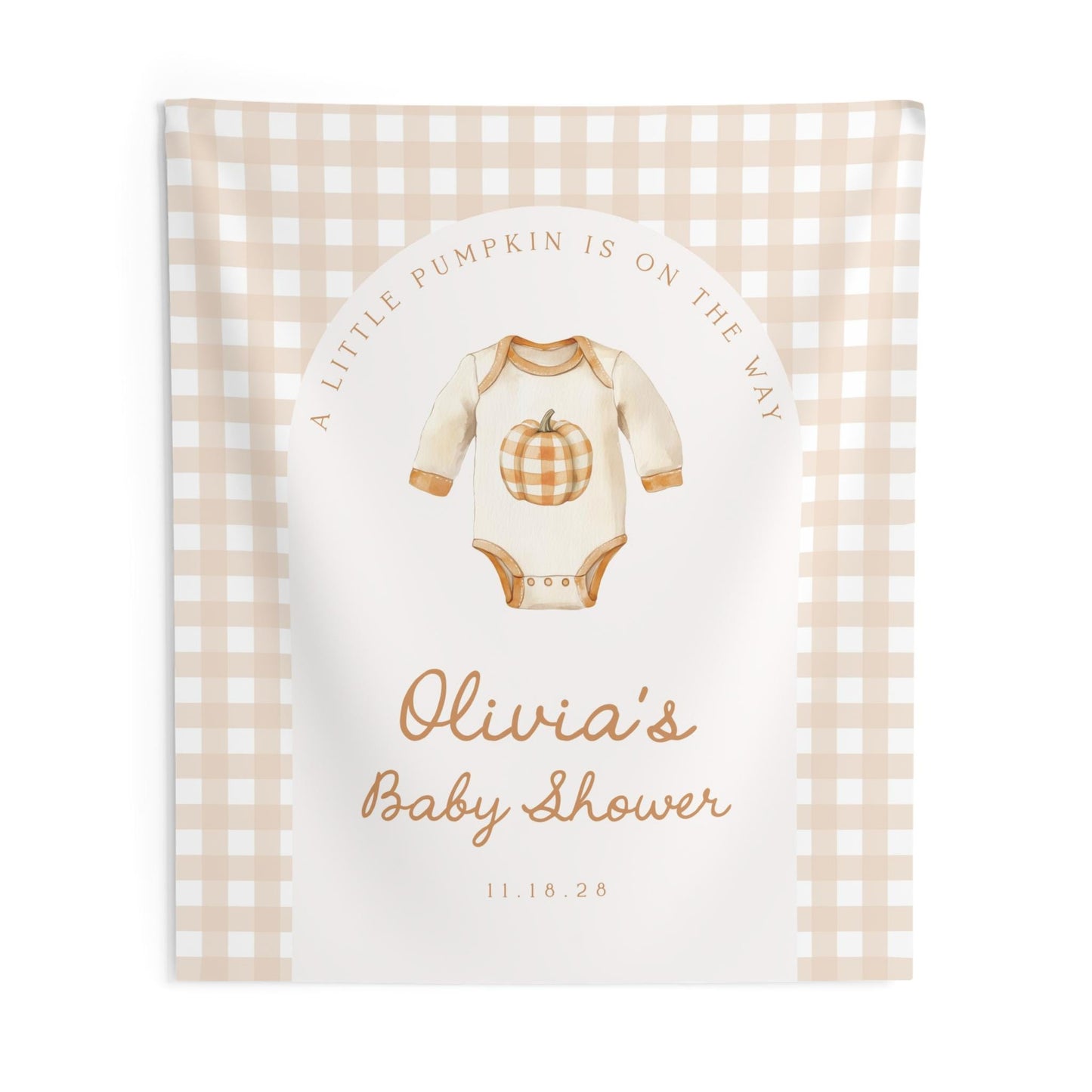 Little Pumpkin Baby Shower Backdrop | Fall Baby Shower Photo Booth Decoration | Gingham Onesie Banner | Personalized Pumpkin Shower Sign