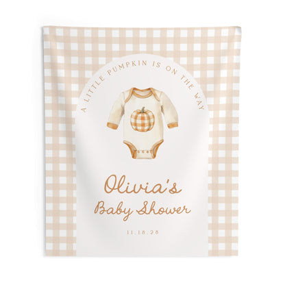 Little Pumpkin Baby Shower Backdrop | Fall Baby Shower Photo Booth Decoration | Gingham Onesie Banner | Personalized Pumpkin Shower Sign