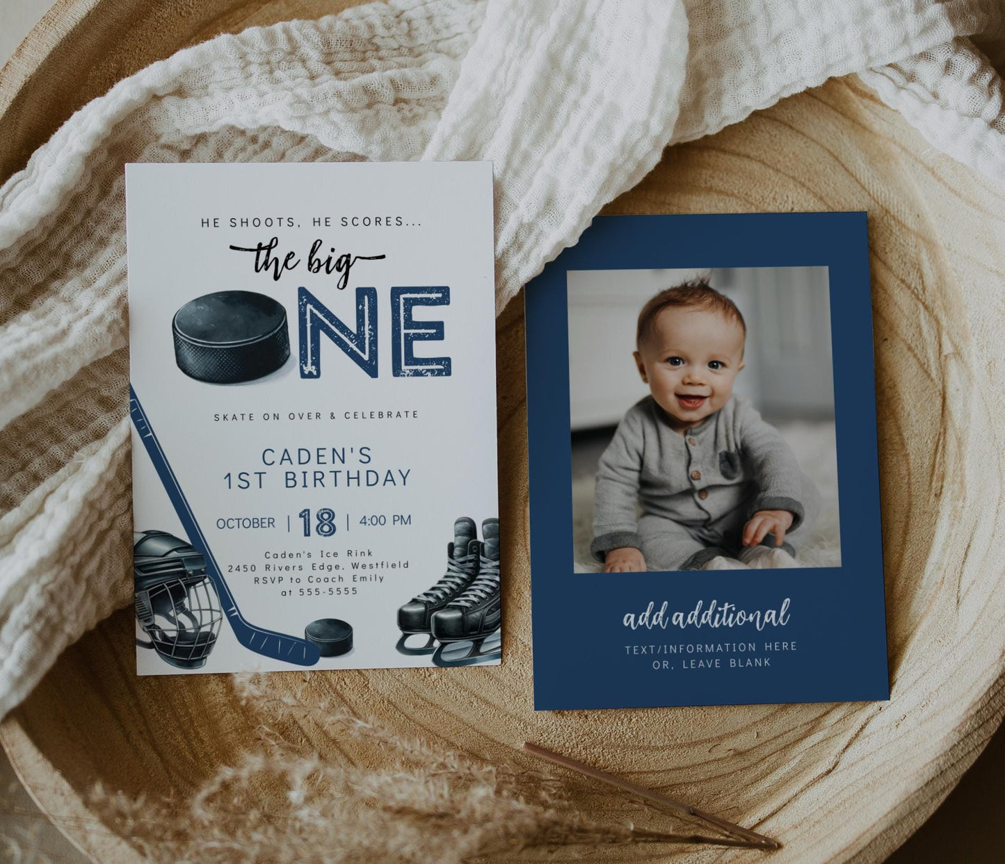 Hockey First Birthday Invitation, Editable He Shoots He Scores Big One Party Template