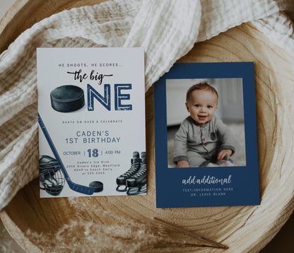 Hockey First Birthday Invitation, Editable He Shoots He Scores Big One Party Template