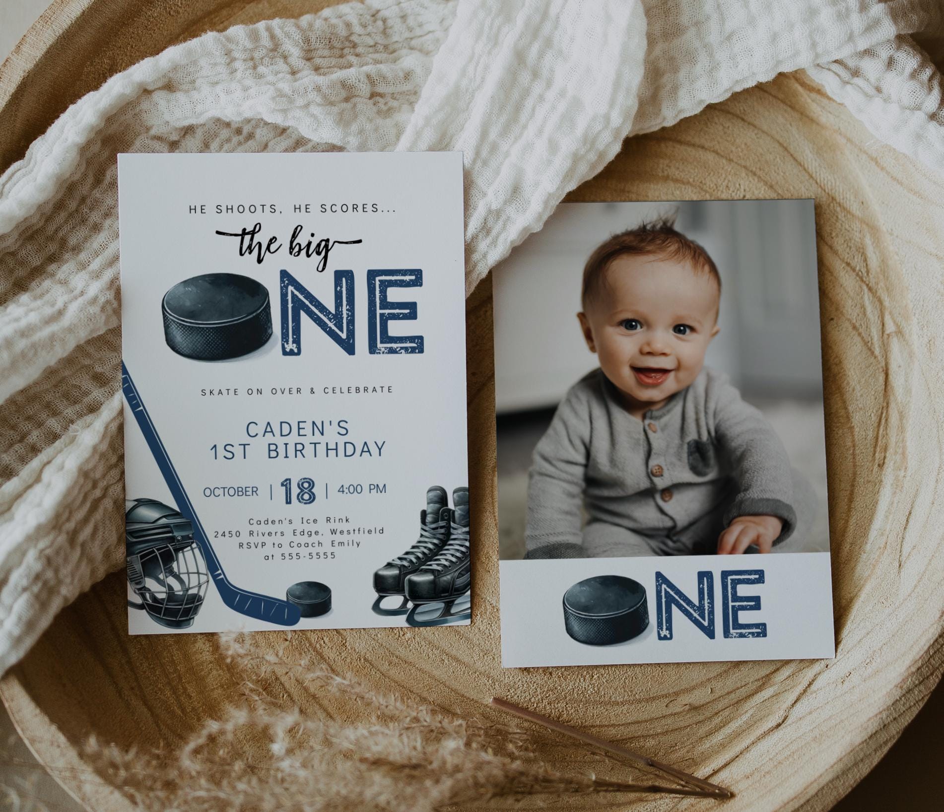 Hockey First Birthday Invitation, Editable He Shoots He Scores Big One Party Template