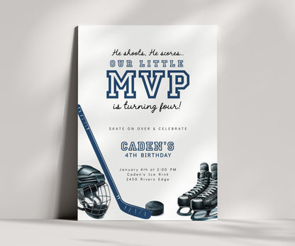 Hockey Birthday Invitation | Our Little MVP Party Invite for Any Age | He Shoots He Scores | Editable Printable
