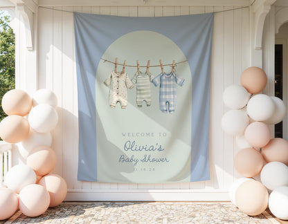 Baby Shower Arch Backdrop | Blue and Green Clothesline Banner | Boy Baby Shower Photo Booth Decoration | Personalized Baby Shower Sign