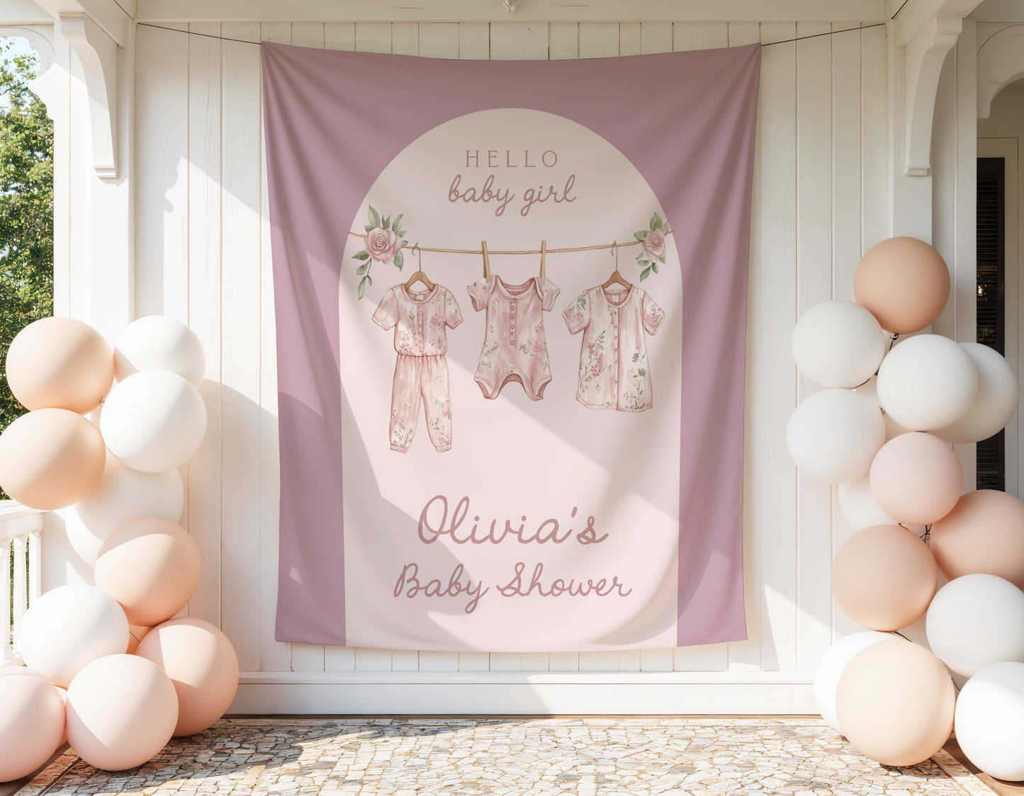 Baby Shower Arch Backdrop Clothesline Pink Floral