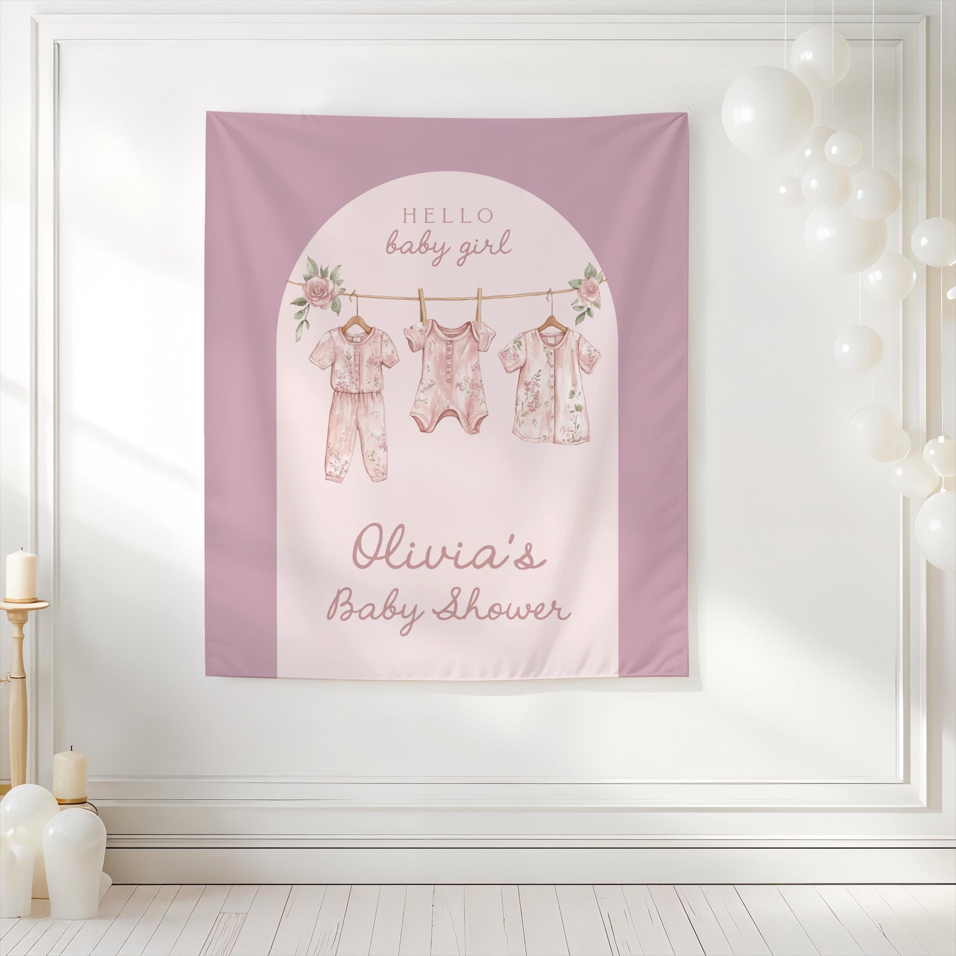Baby Shower Arch Backdrop | Pink Floral Clothesline Banner | Girl Boho Baby Shower Photo Booth Decoration | Personalized Baby Shower Sign