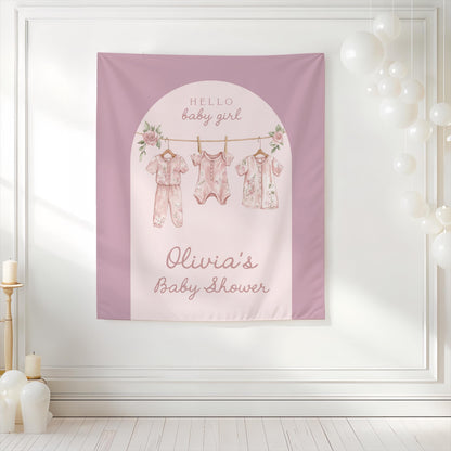 Baby Shower Arch Backdrop | Pink Floral Clothesline Banner | Girl Boho Baby Shower Photo Booth Decoration | Personalized Baby Shower Sign