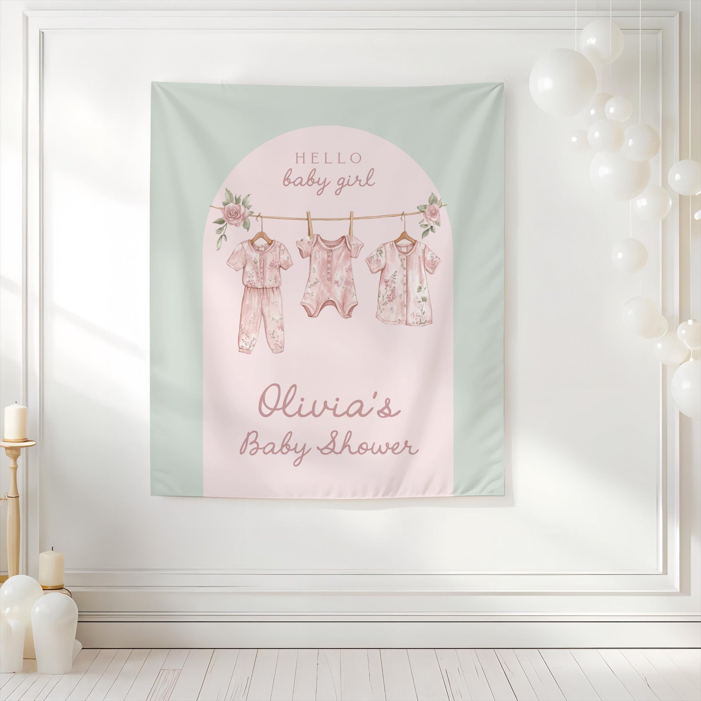 Pink and Green Clothesline Baby Shower Backdrop | Girl Boho Baby Shower Arch Decoration | Personalized Banner Photo Booth Party Sign