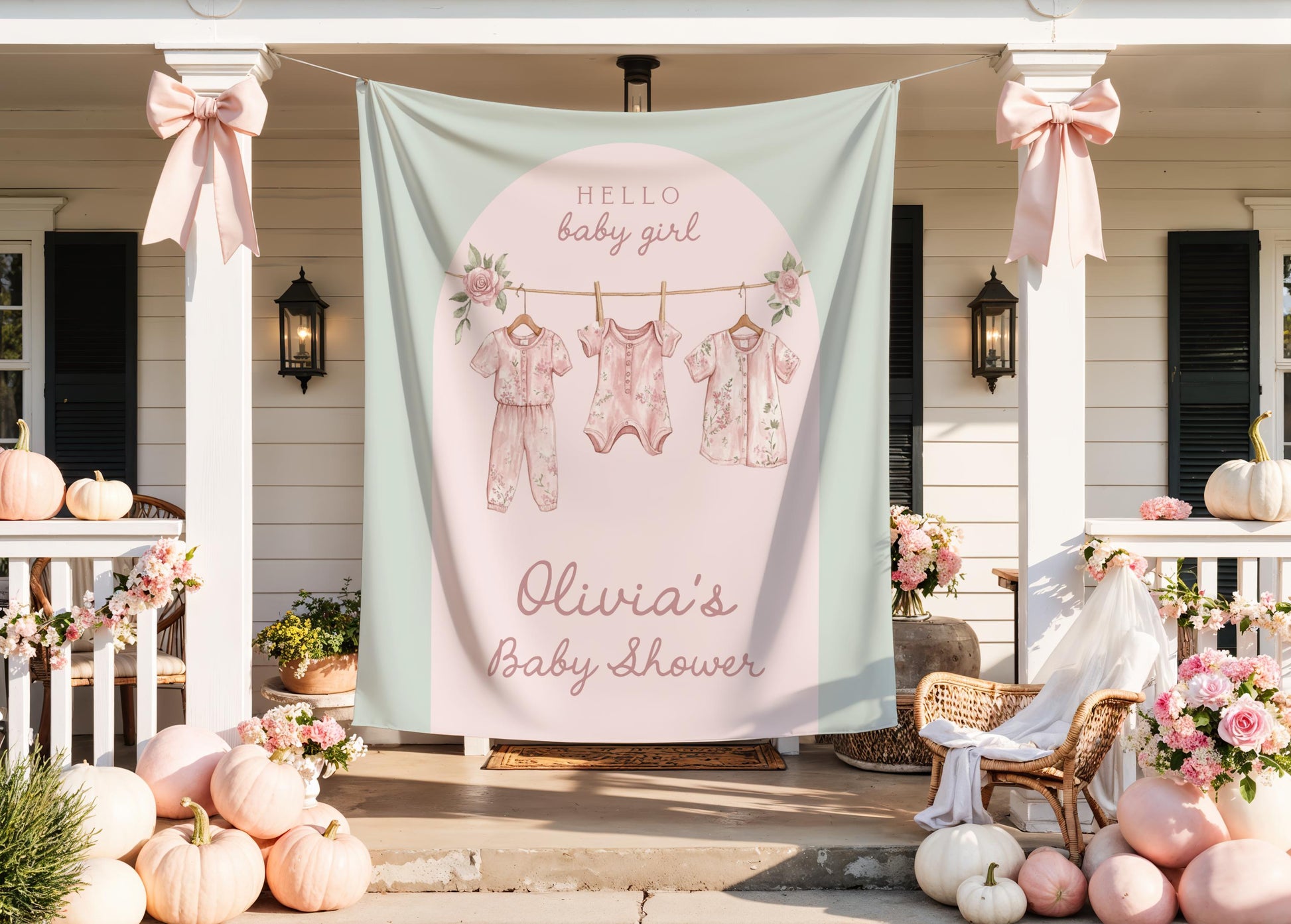 Pink and Green Clothesline Baby Shower Backdrop | Girl Boho Baby Shower Arch Decoration | Personalized Banner Photo Booth Party Sign