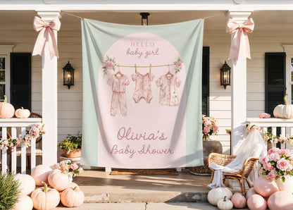Pink and Green Clothesline Baby Shower Backdrop | Girl Boho Baby Shower Arch Decoration | Personalized Banner Photo Booth Party Sign