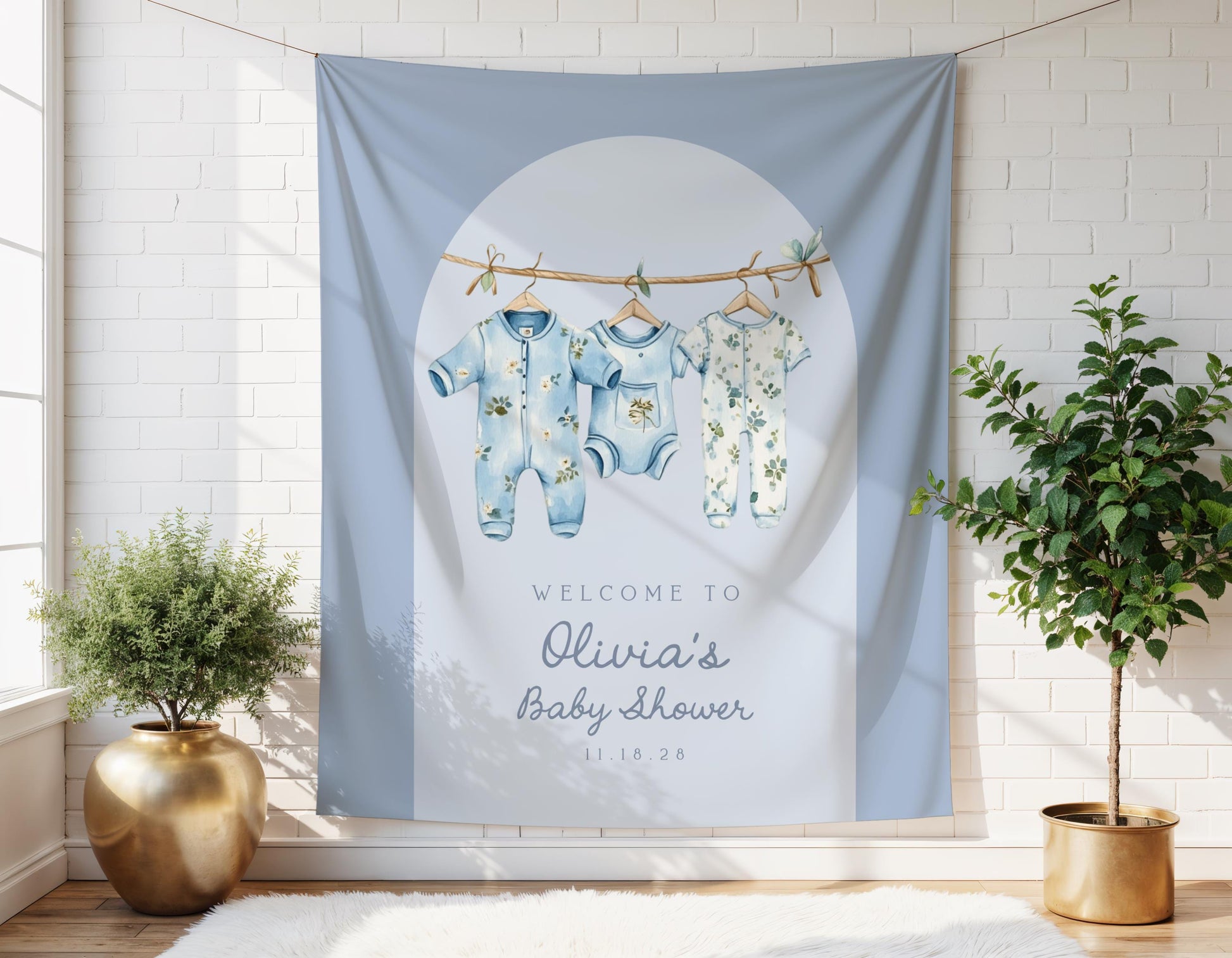 Dusty Blue Clothesline Baby Shower Backdrop | Boho Arch Decoration | Personalized Photo Booth Banner | Boy Floral Baby Clothes Welcome Sign