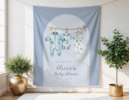 Dusty Blue Clothesline Baby Shower Backdrop | Boho Arch Decoration | Personalized Photo Booth Banner | Boy Floral Baby Clothes Welcome Sign
