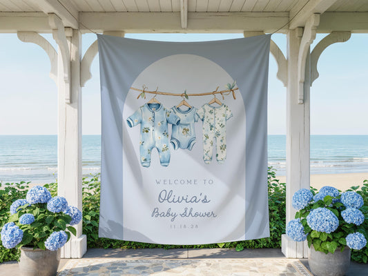 Dusty Blue Clothesline Baby Shower Backdrop