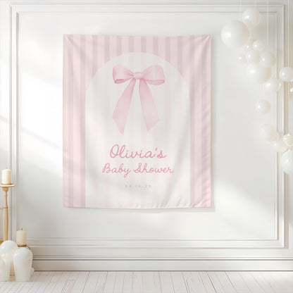 Preppy Pink Bow Baby Shower Backdrop | Pink Striped Arch Banner | Girl 1st Birthday Party Decoration | Personalized Bridal Shower Decoration