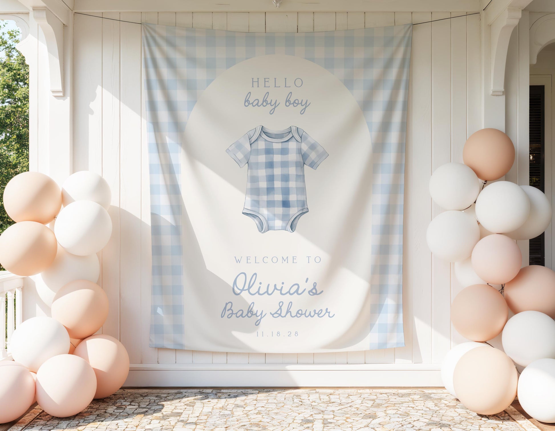 Blue Gingham Baby Shower Backdrop