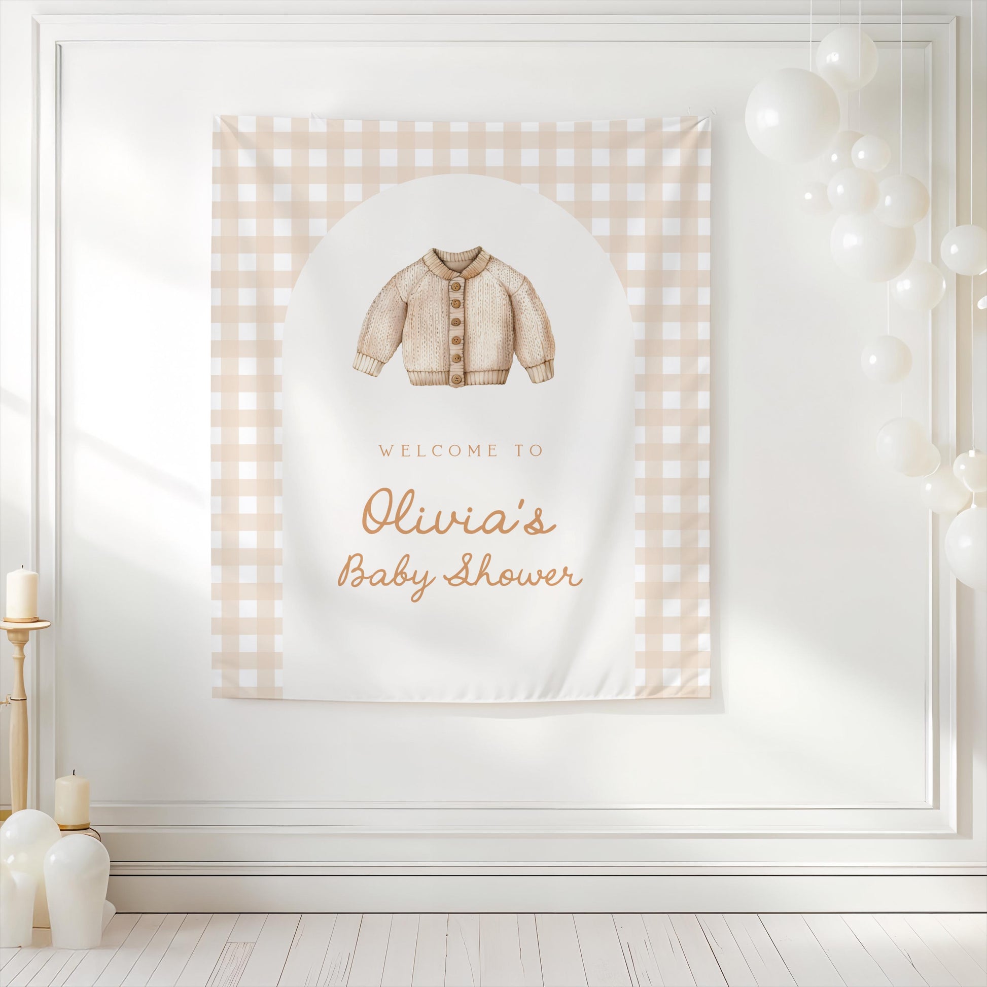 Neutral Beige Baby Shower Backdrop | Baby Cardigan Banner | 1st Birthday Gingham Arch Decoration | Personalized Baby Shower Welcome Sign