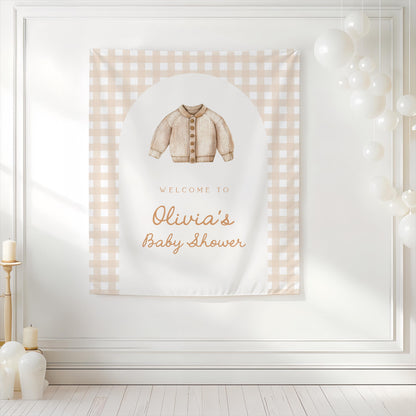 Neutral Beige Baby Shower Backdrop | Baby Cardigan Banner | 1st Birthday Gingham Arch Decoration | Personalized Baby Shower Welcome Sign