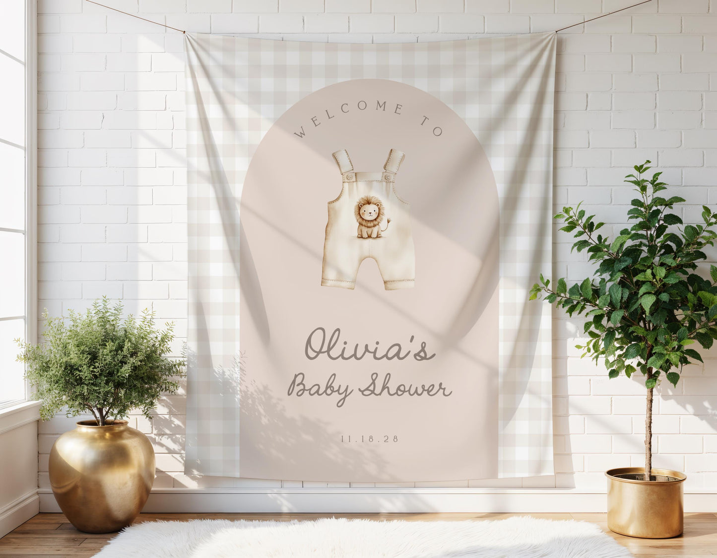 Lion Baby Shower Backdrop | Gingham Overalls Banner | Neutral Baby Arch Decoration | Personalized 1st Birthday Welcome Sign | Photo booth