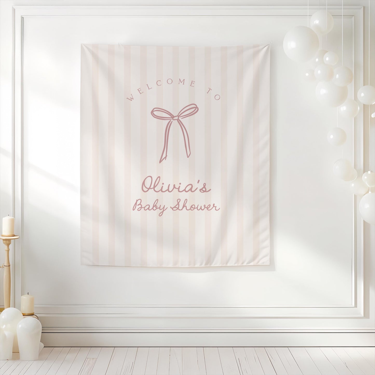 Bow Baby Shower Backdrop | Pale Pink Beige Striped Banner | Neutral Welcome Sign | Personalized Girl Baby Shower Decor | Bridal Shower