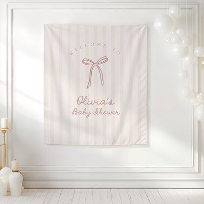 Bow Baby Shower Backdrop | Pale Pink Beige Striped Banner | Neutral Welcome Sign | Personalized Girl Baby Shower Decor | Bridal Shower